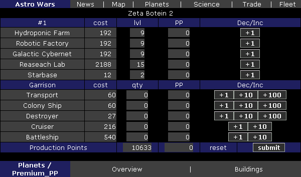 Premium Spend Points page of the Planets Screen